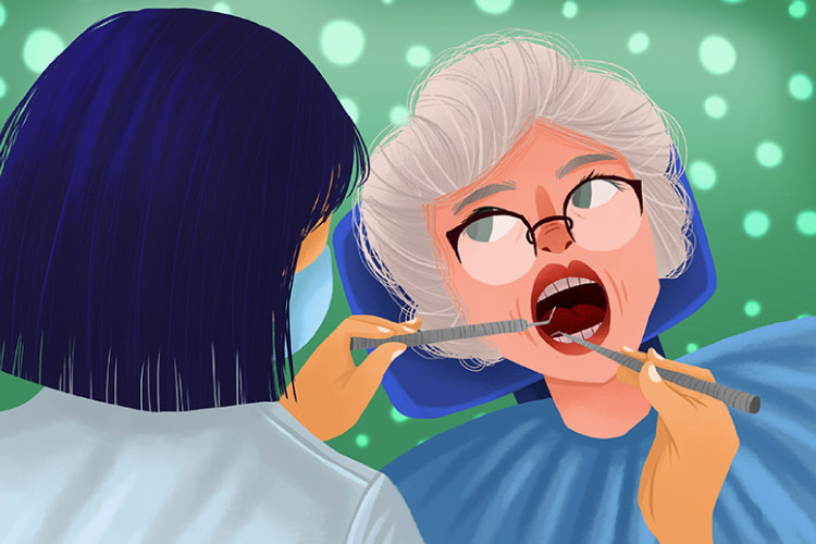 Gray haired cartoon woman in dental chair and dental probing teeth to prevent cavities