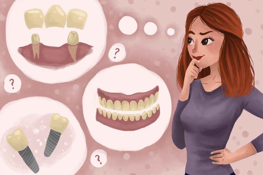 Cartoon of a woman with thinking bubbles choosing between dental implants, a dental bridge or dentures