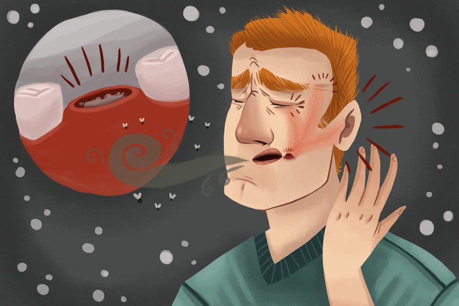 Cartoon showing a man suffering from dry socket after oral surgery.