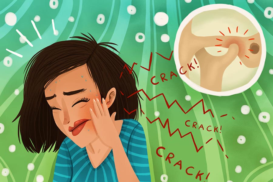 Cartoon of a woman suffering from TMD with an insert showing the temporomandibular joint.