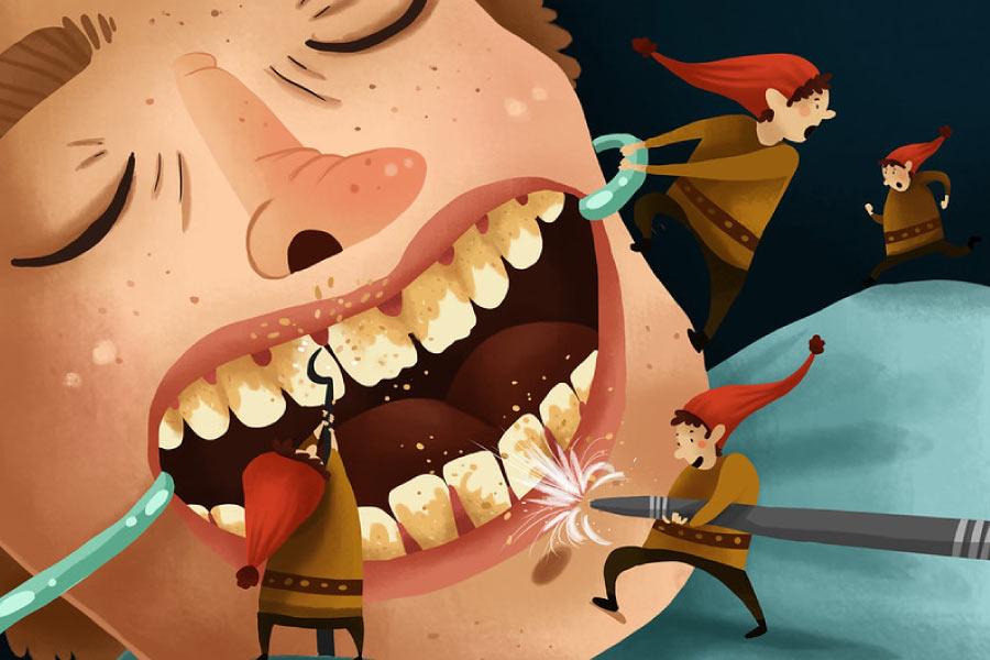 Cartoon showing a deep dental cleaning by little elves.