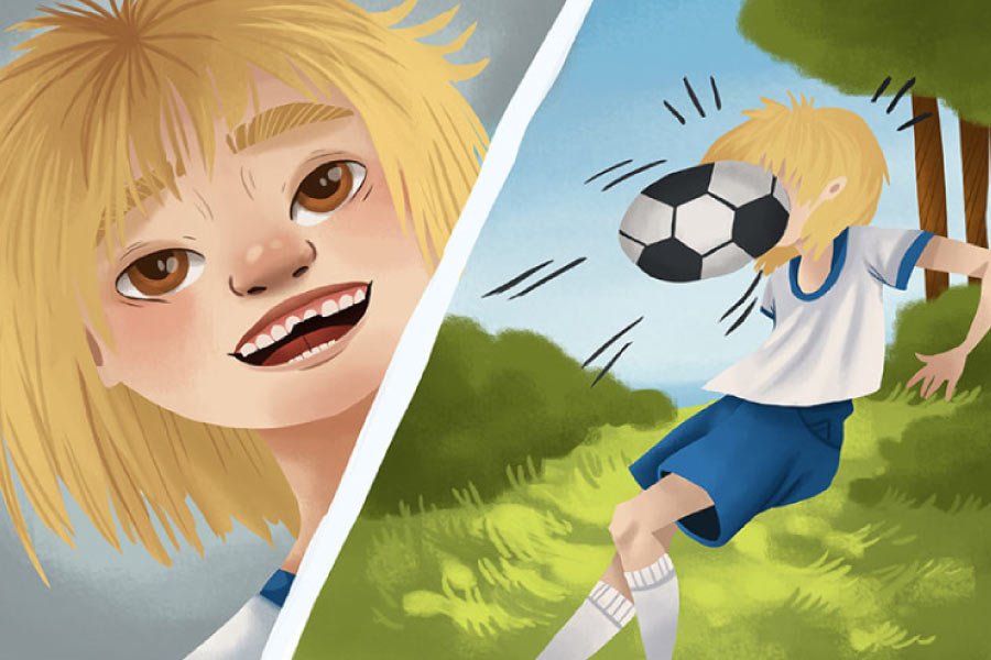 Split screen cartoon showing a youth getting a soccer ball hit to the face resulting in a chipped tooth. 