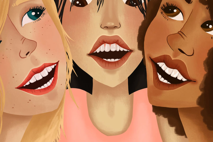 Cartoon of three women with dental veneers.