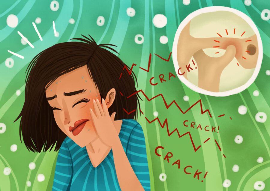 Illustration of a woman with TMJ issues cringing in pain and touching her jaw